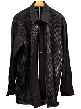 Pronti Textured Black Pleated Button Down Shine Airy Dress Shirt Classic FIt